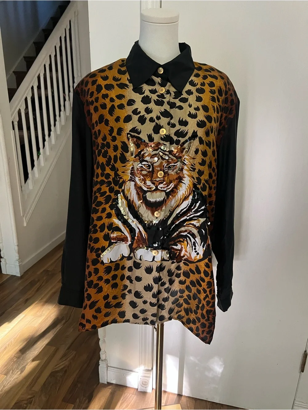 Silk Button up Shirt with Tiger Motif - Black and Brown & Animal Print, XL, NWT - Picture 1 of 9